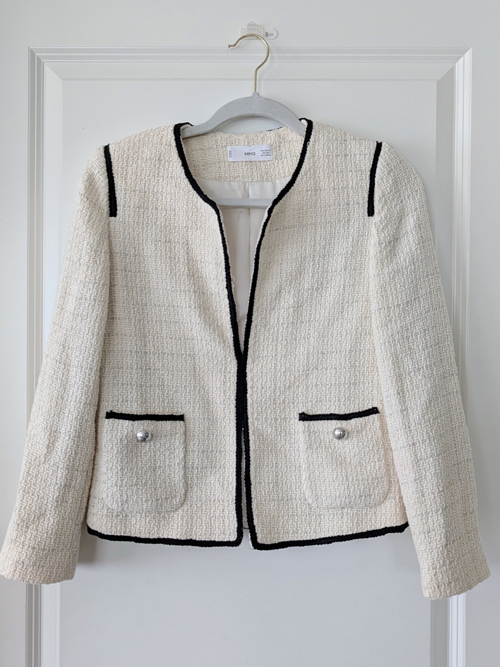 IMango Cream Tweed Jacket with Black Trim Silver Details